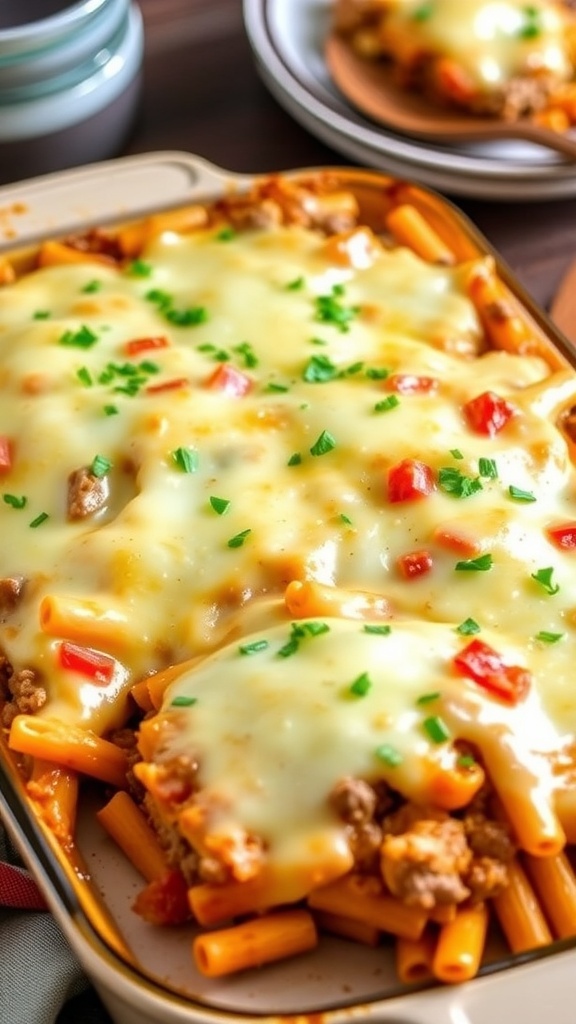 Cheesy Hamburger Casserole Recipe Cheesy hamburger casserole with ground beef, pasta, and melted cheese, garnished with parsley in a baking dish.